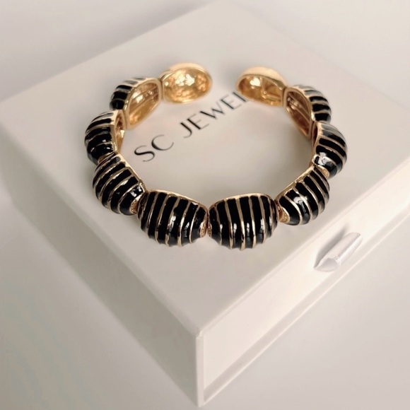 Cuff Black Bracelet | Handcrafted 22K Gold Tone | Enameled Adjustable Jewelry - Picture 5 of 10